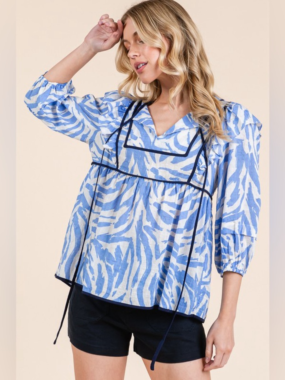Lime 'N' Chili Graphic Print Solid Trim Quarter Sleeve Blouse - Picture 9 of 14